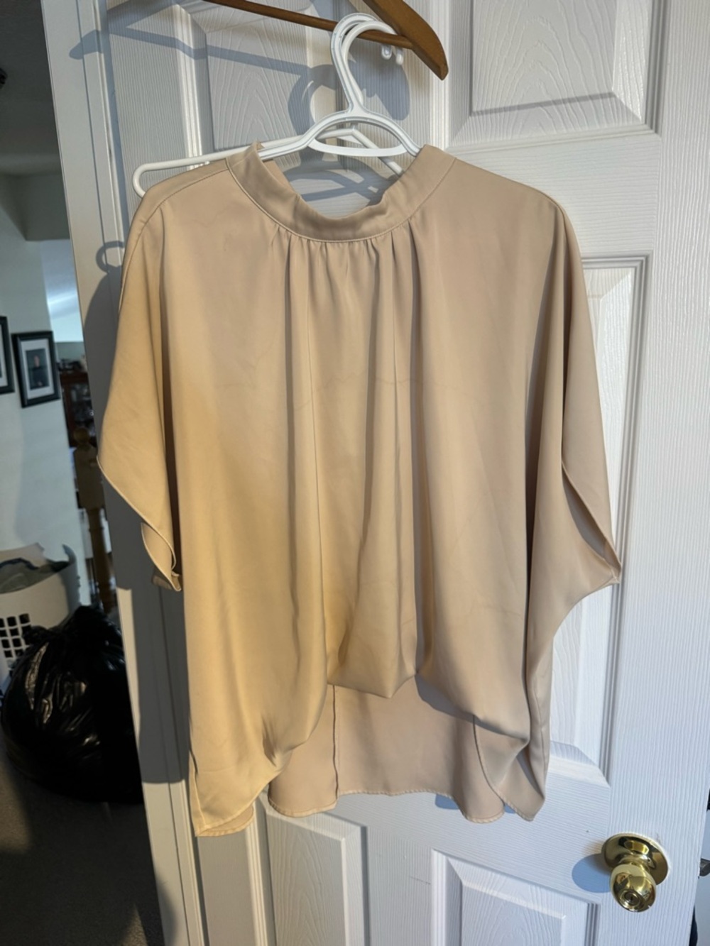 Amazon Women’s Beige Short-Sleeve Blouse with Gathered Neckline